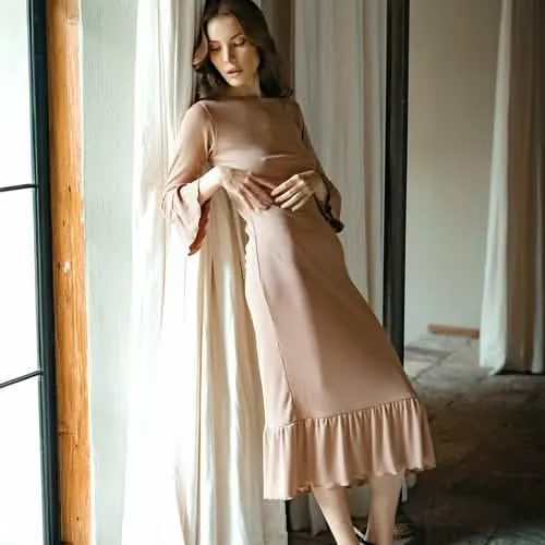 Marjorie Ruffled Ribbed Dress in Cozy Camel