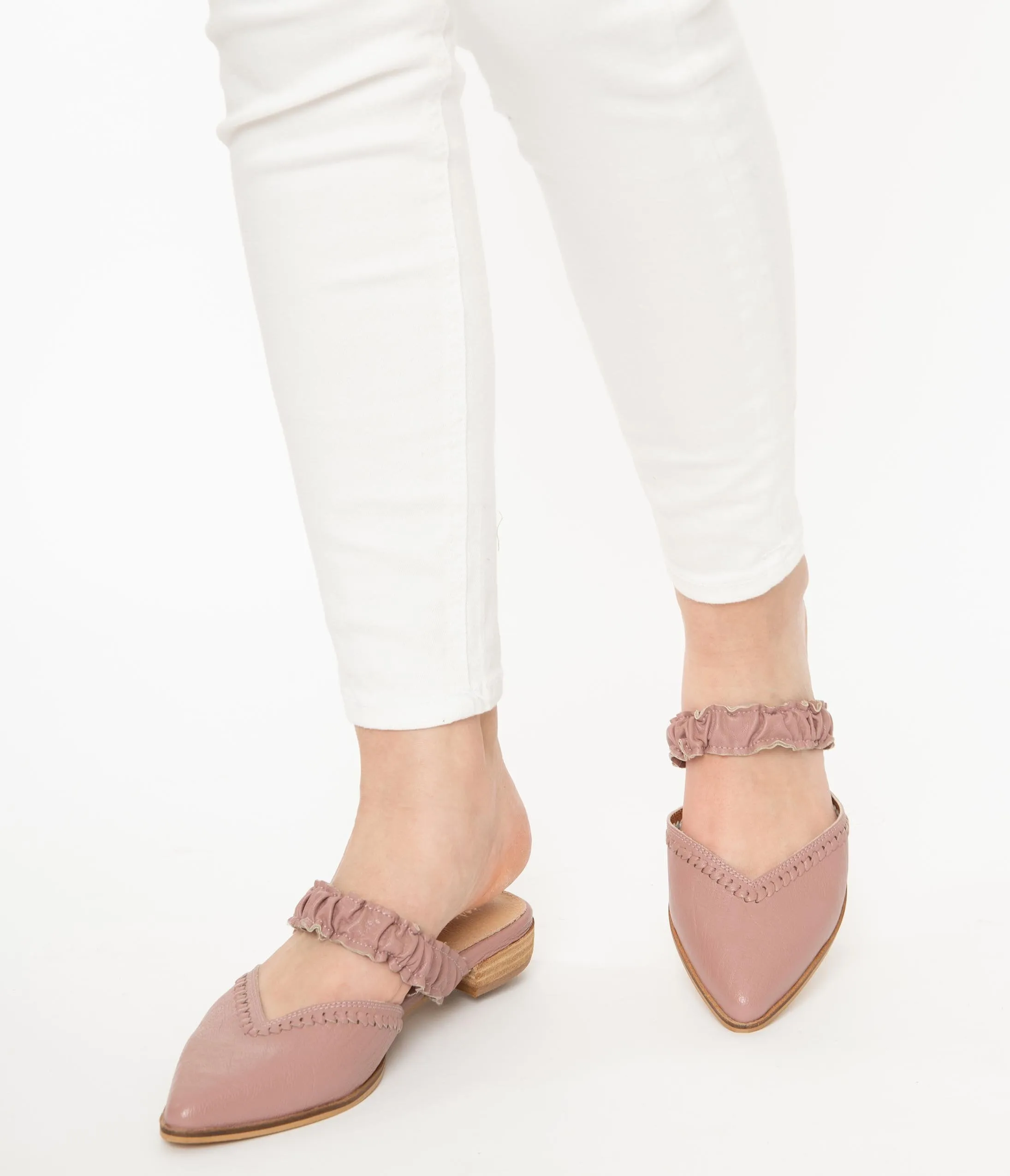 Mauve Leatherette Ruffle Strap Mules