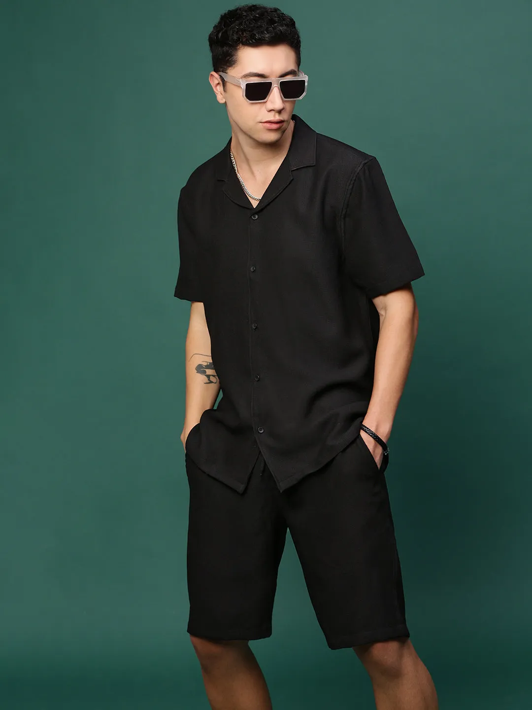 Men Black Cuban Collar Solid Co Ords Set