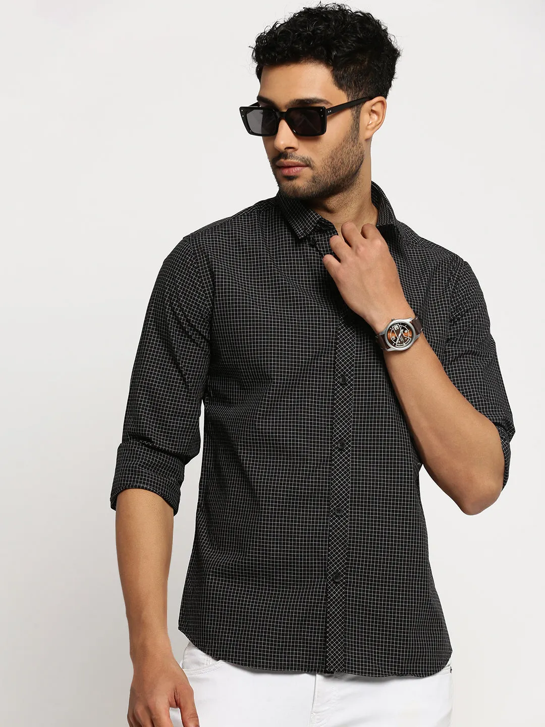 Men Black Spread Collar Micro Checks Shirt