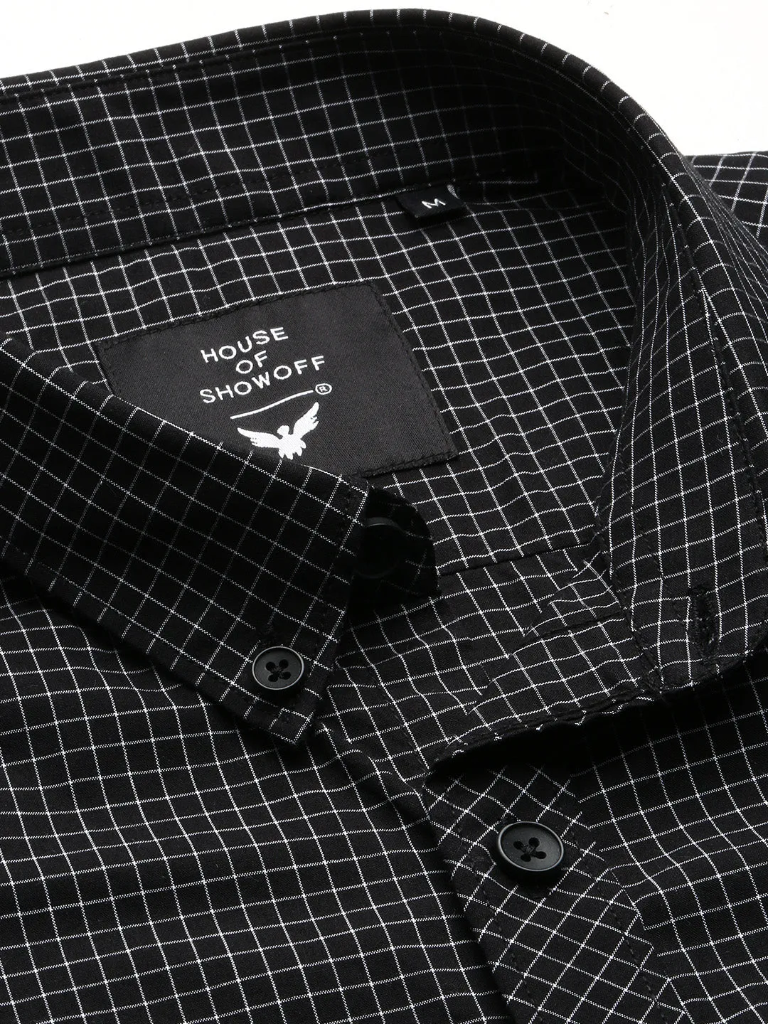 Men Black Spread Collar Micro Checks Shirt