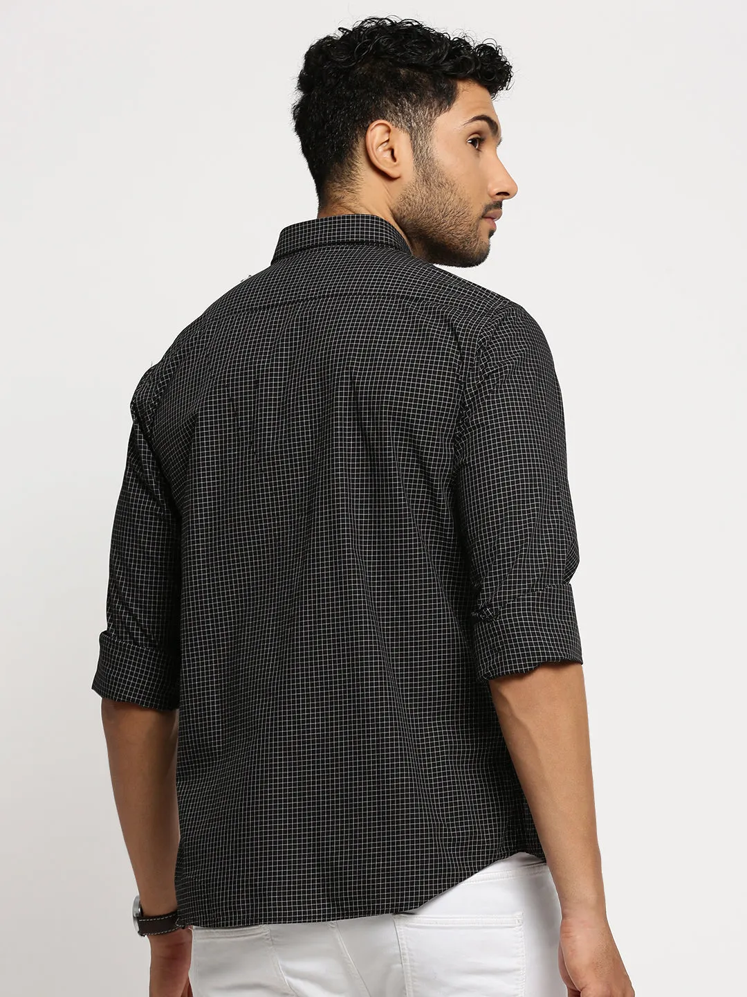 Men Black Spread Collar Micro Checks Shirt