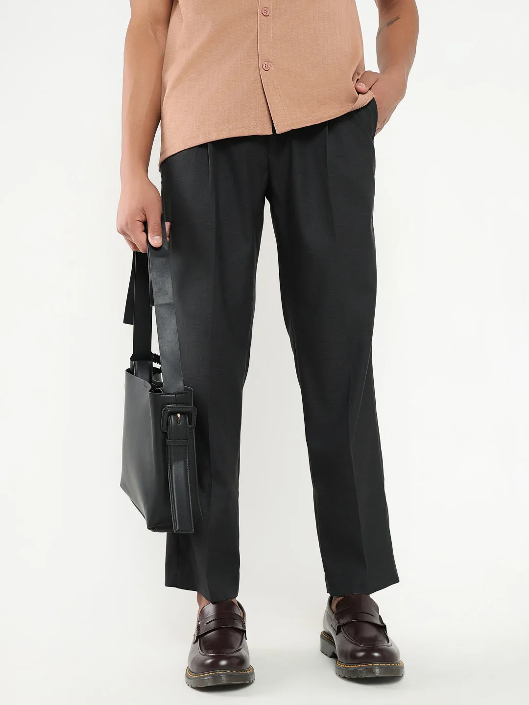 Men Charcoal Solid Formal Trousers