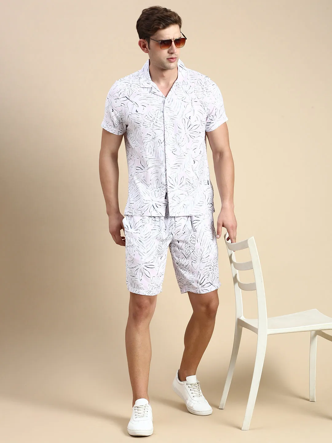 Men Cuban Collar Printed Pink Co-Ords Set