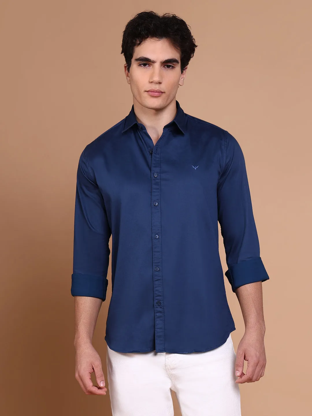 Men Navy Blue Solid Shirt