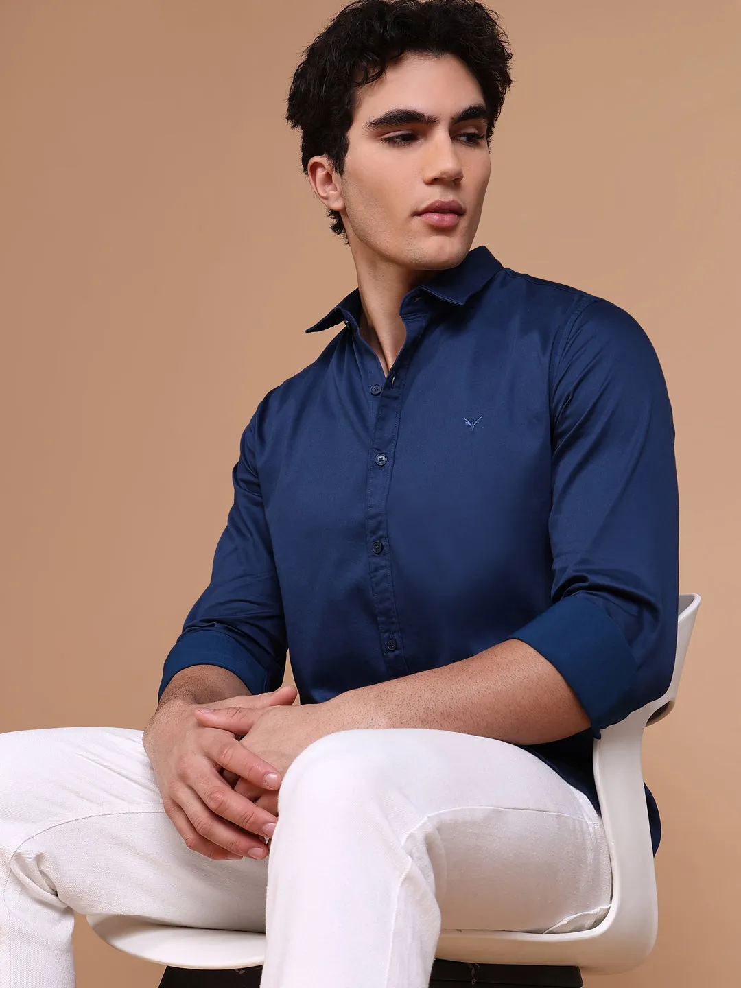 Men Navy Blue Solid Shirt