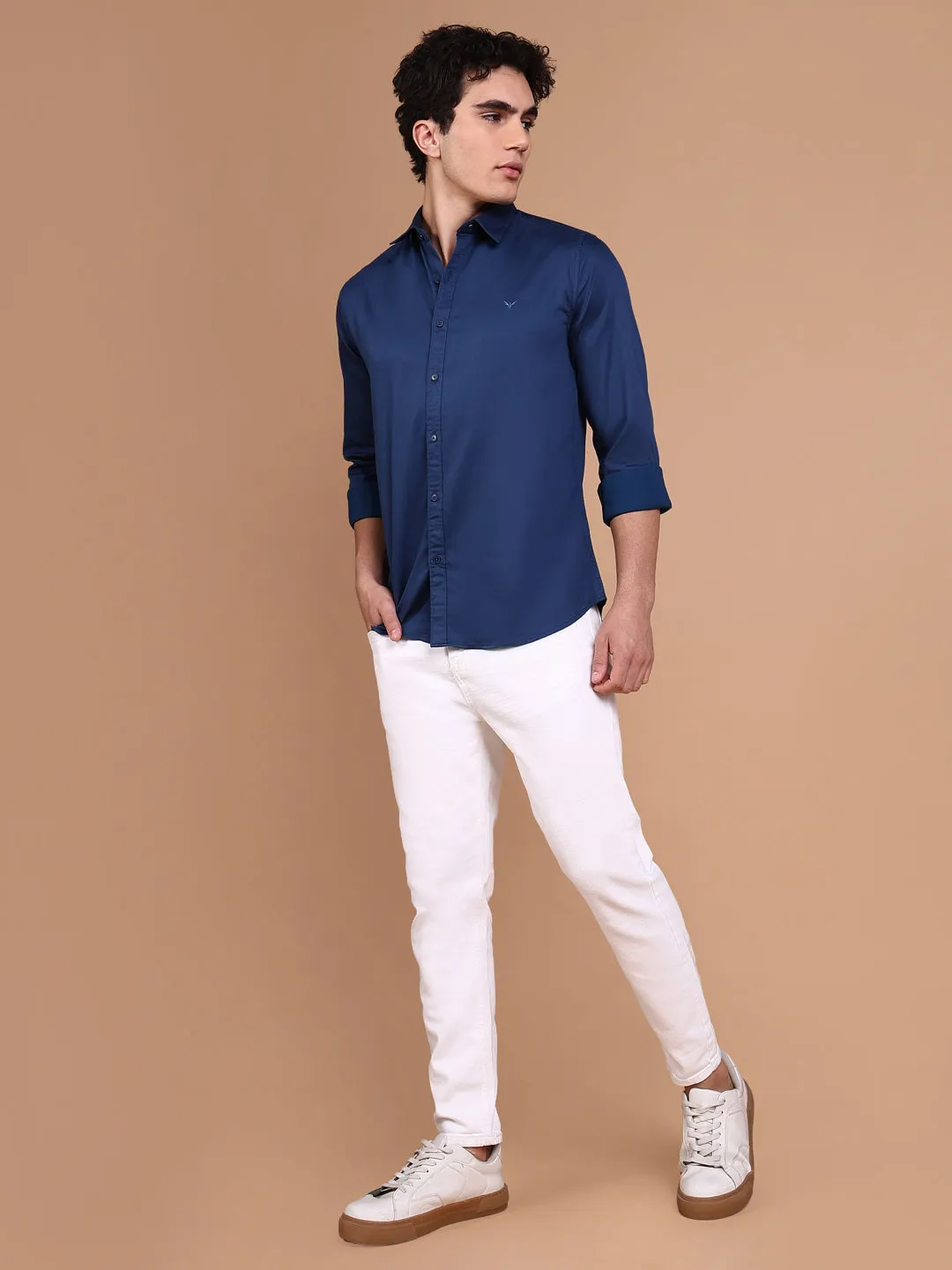 Men Navy Blue Solid Shirt