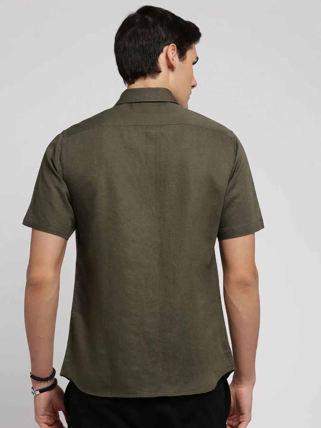 Men Olive Spread Collar Solid Shirt