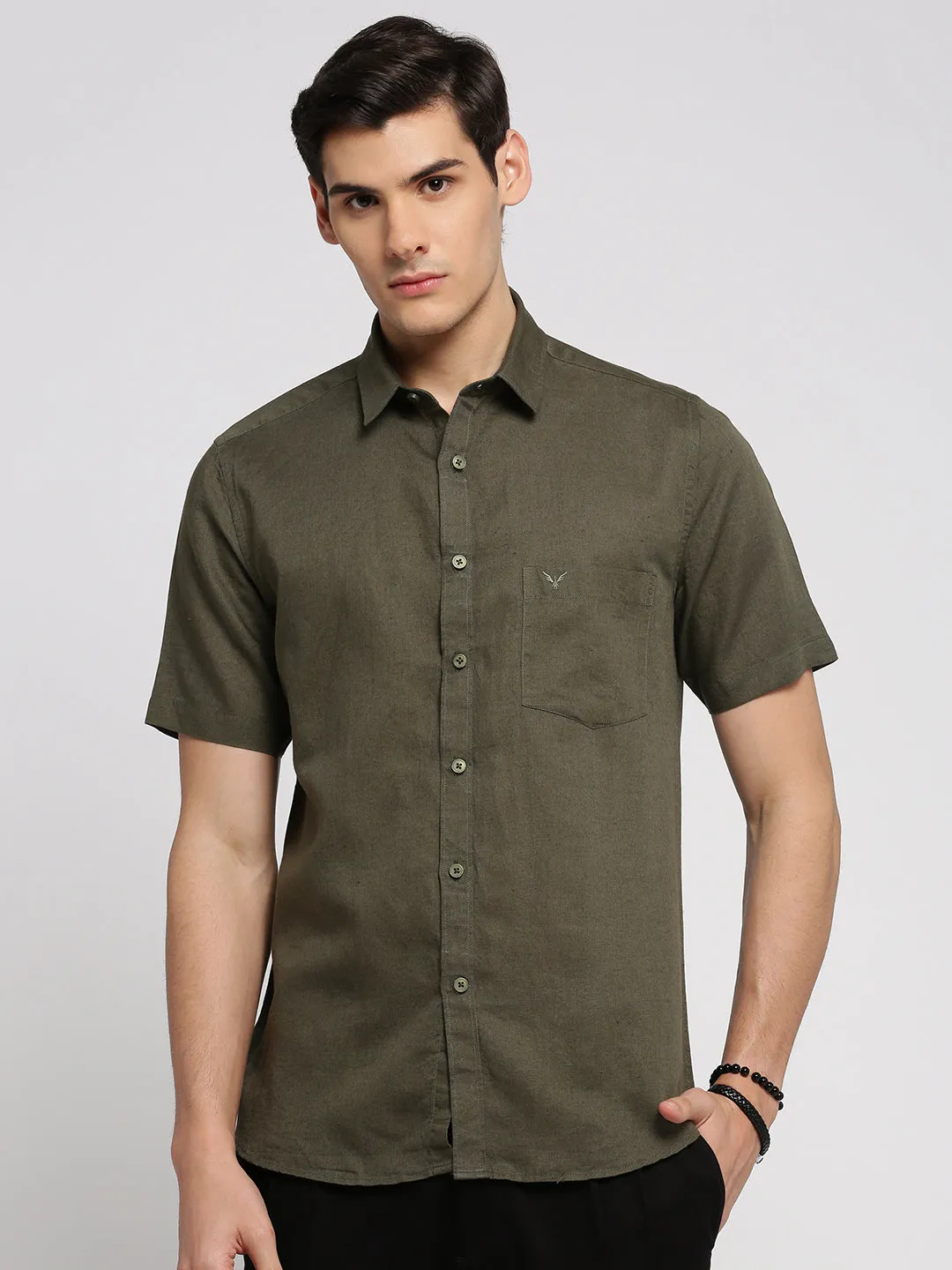 Men Olive Spread Collar Solid Shirt