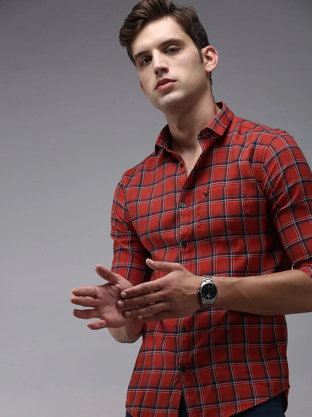 Men Red Checked Casual Shirt