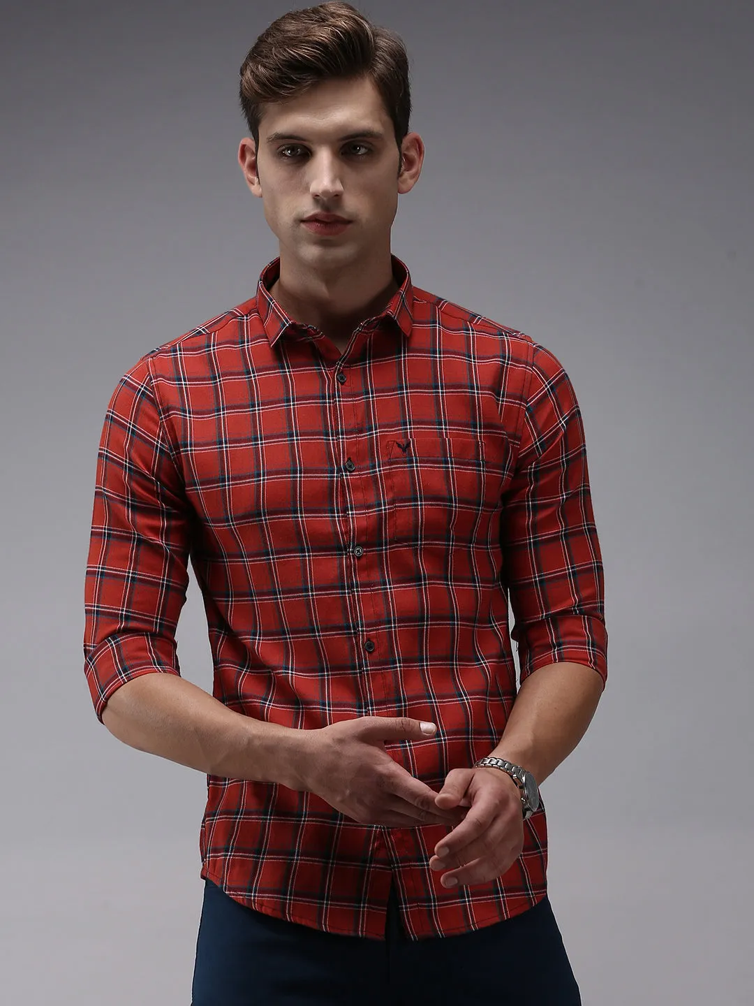 Men Red Checked Casual Shirt