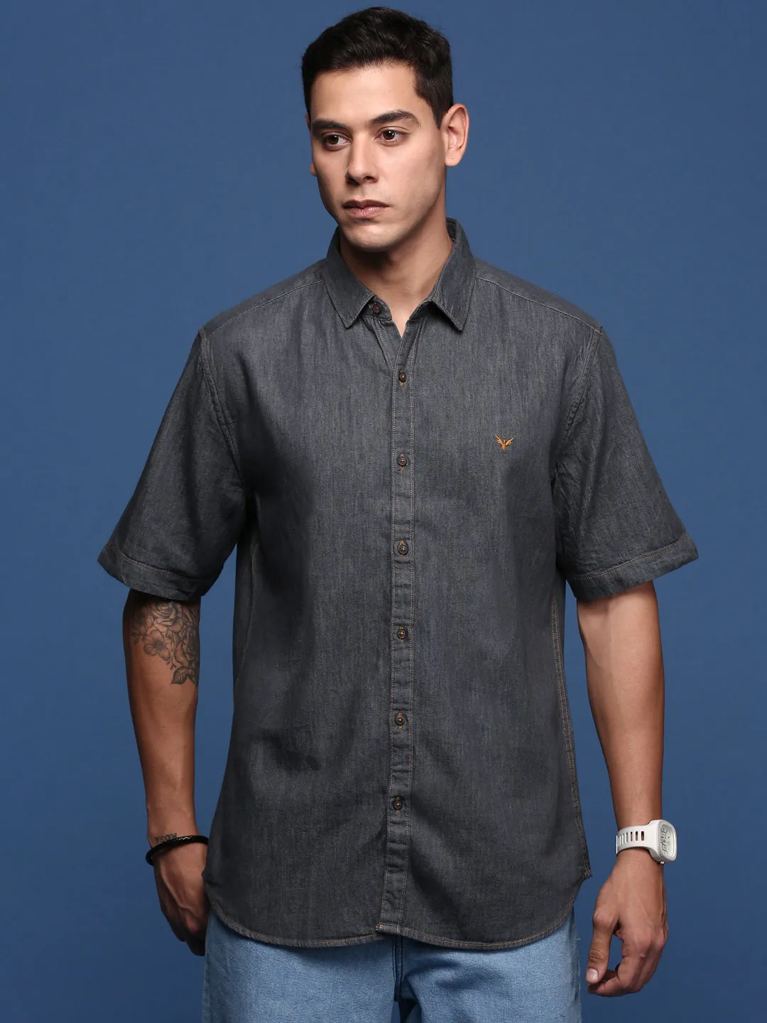 Men Solid Charcoal Slim Fit Shirt