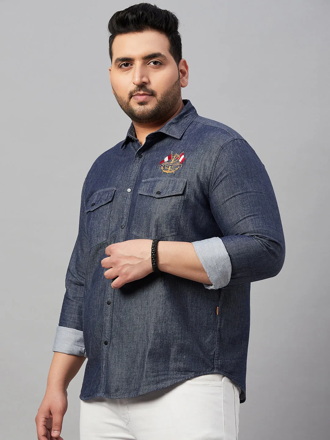 Men Solid Navy Blue Premium Shirt