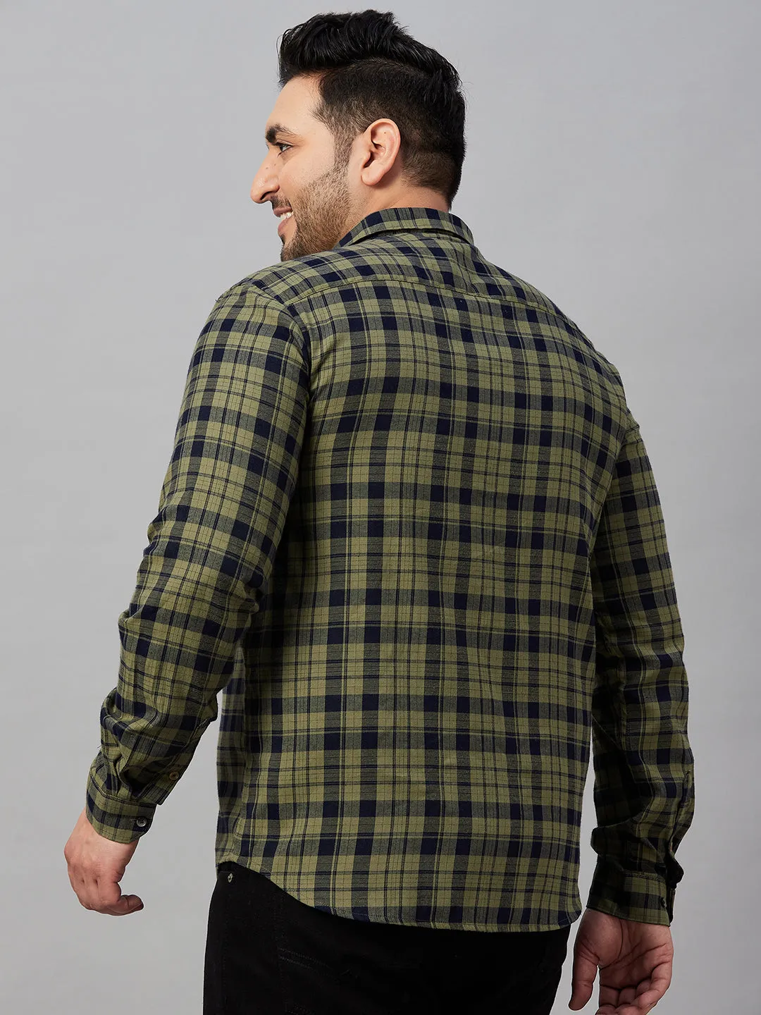 Men Spread Collar Checked Olive Shirt