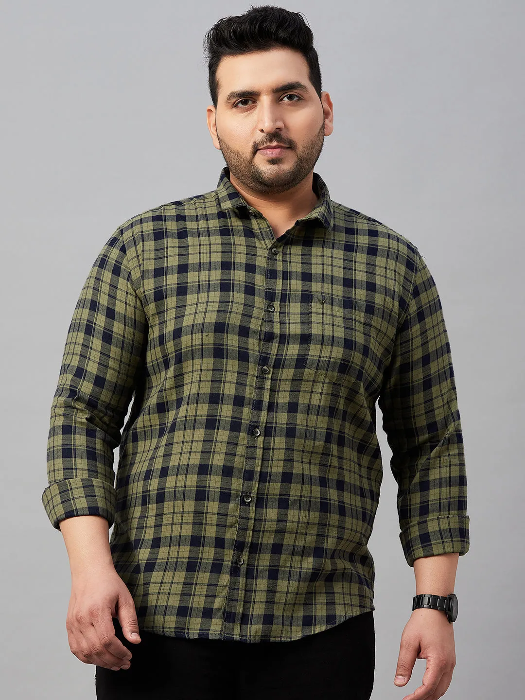 Men Spread Collar Checked Olive Shirt