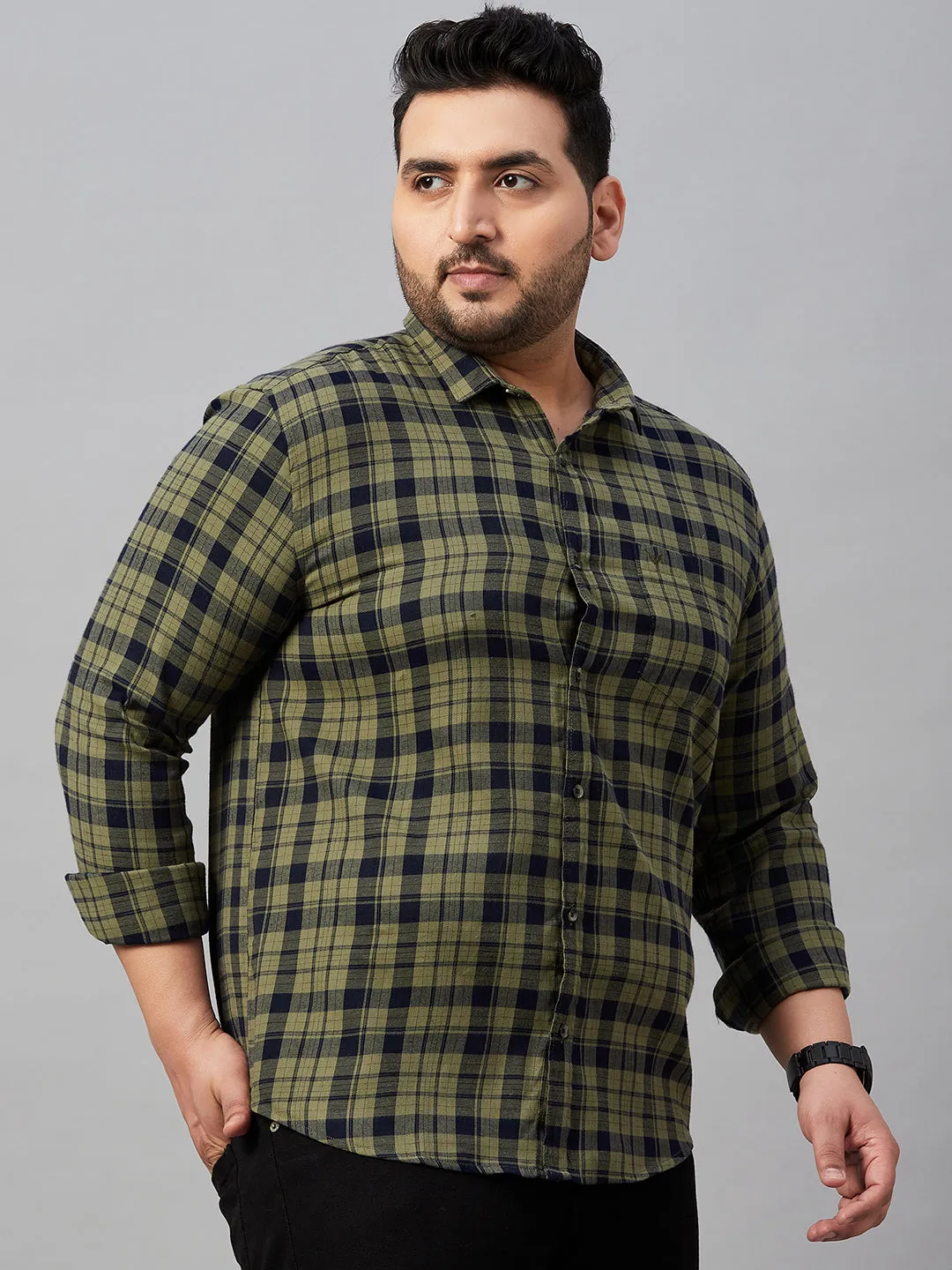 Men Spread Collar Checked Olive Shirt