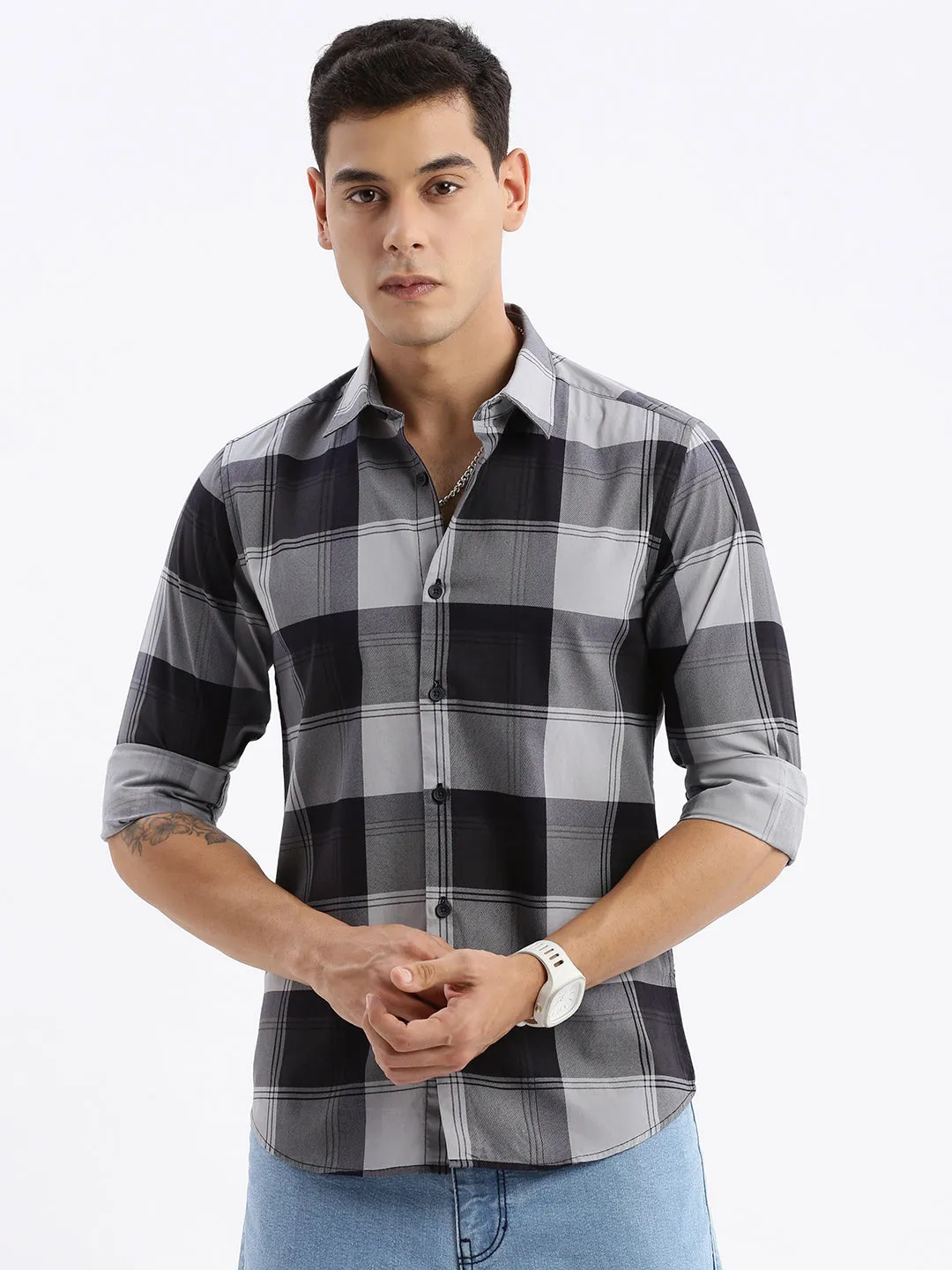 Men Spread Collar Checked Slim Fit Grey Shirt