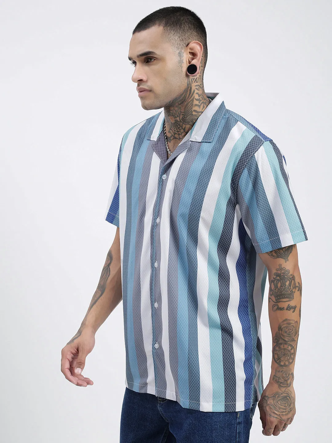 Men Striped Blue Relaxed Fit Shirt