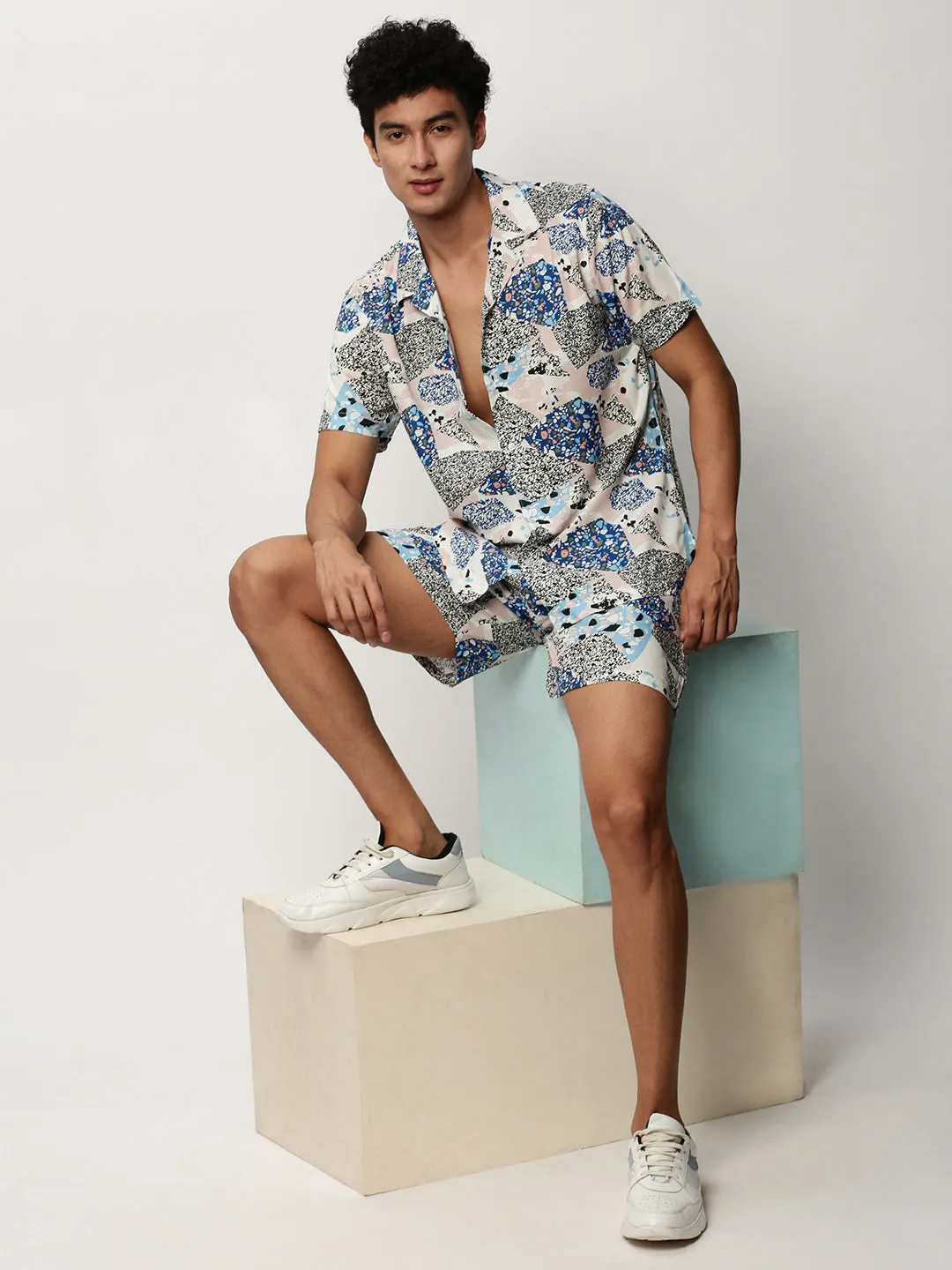 Men White Printed Casual Co ords