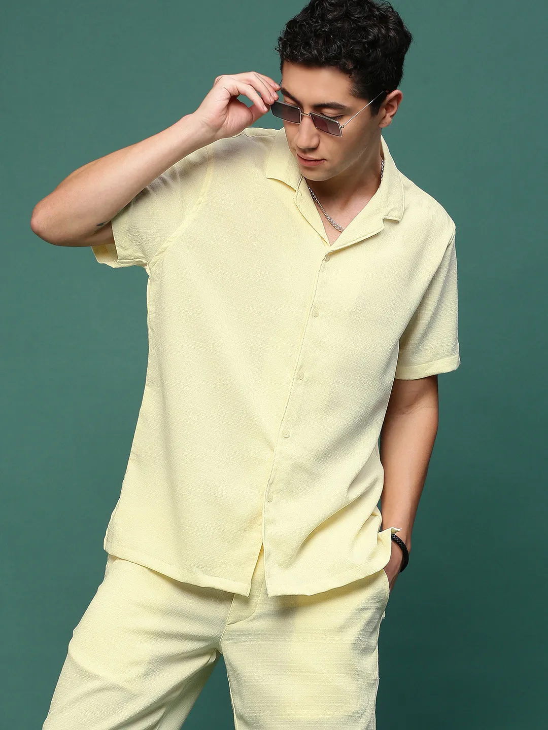 Men Yellow Cuban Collar Solid Co Ords Set