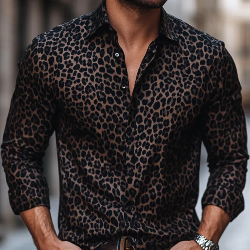 Men's Fashion Leopard Print Lapel Slim Fit Long Sleeve Shirt 21519407M