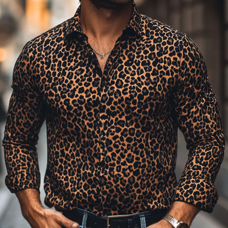 Men's Fashion Leopard Print Lapel Slim Fit Long Sleeve Shirt 45268473M