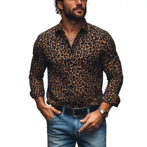 Men's Fashion Leopard Print Lapel Slim Fit Long Sleeve Shirt 45268473M