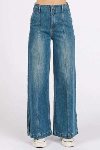 Mittoshop Medium Wash Seam Detail Wide Leg Denim Jeans