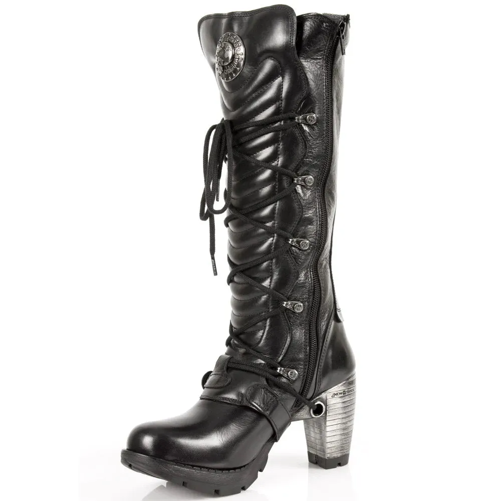 New Rock TR004-S1 Ladies Black 100% Leather Buckle Lace Knee High Biker Boots