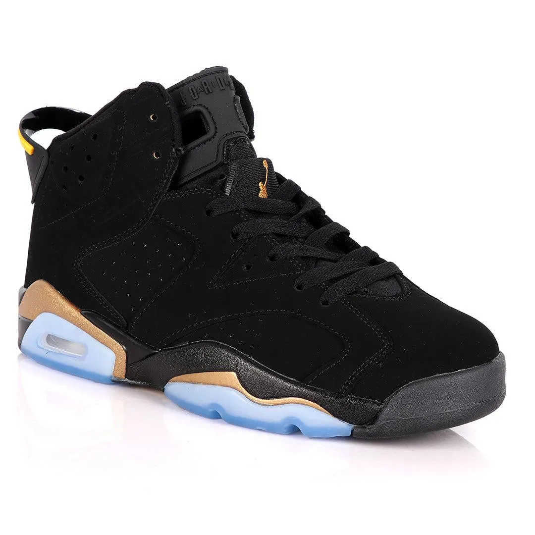 Original Air Jordan 6 Retro Black Suede Sneakers With Classic Gold And Blue Designs