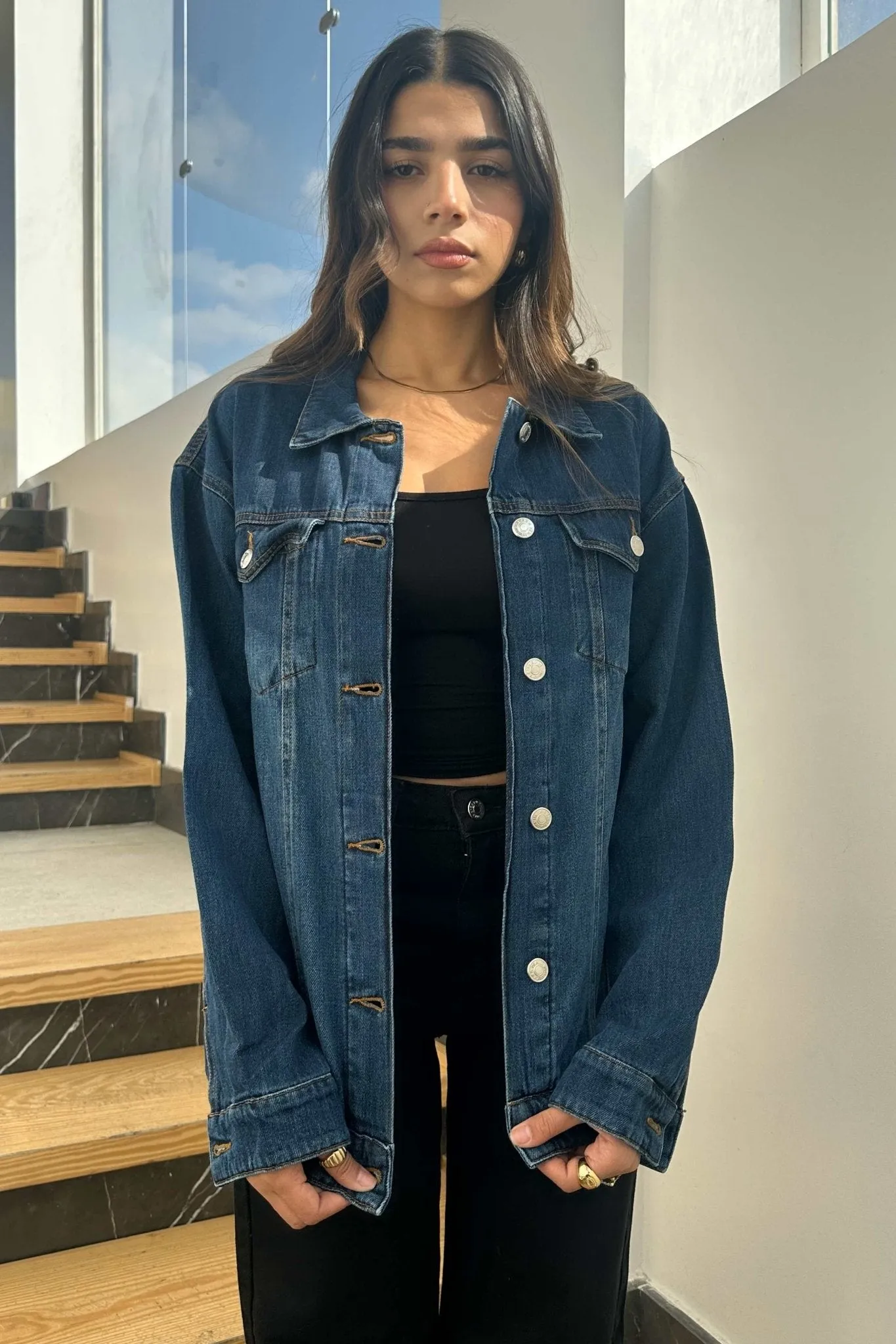 Oversized Denim Jacket - Dark Blue Wash Straight Fit.