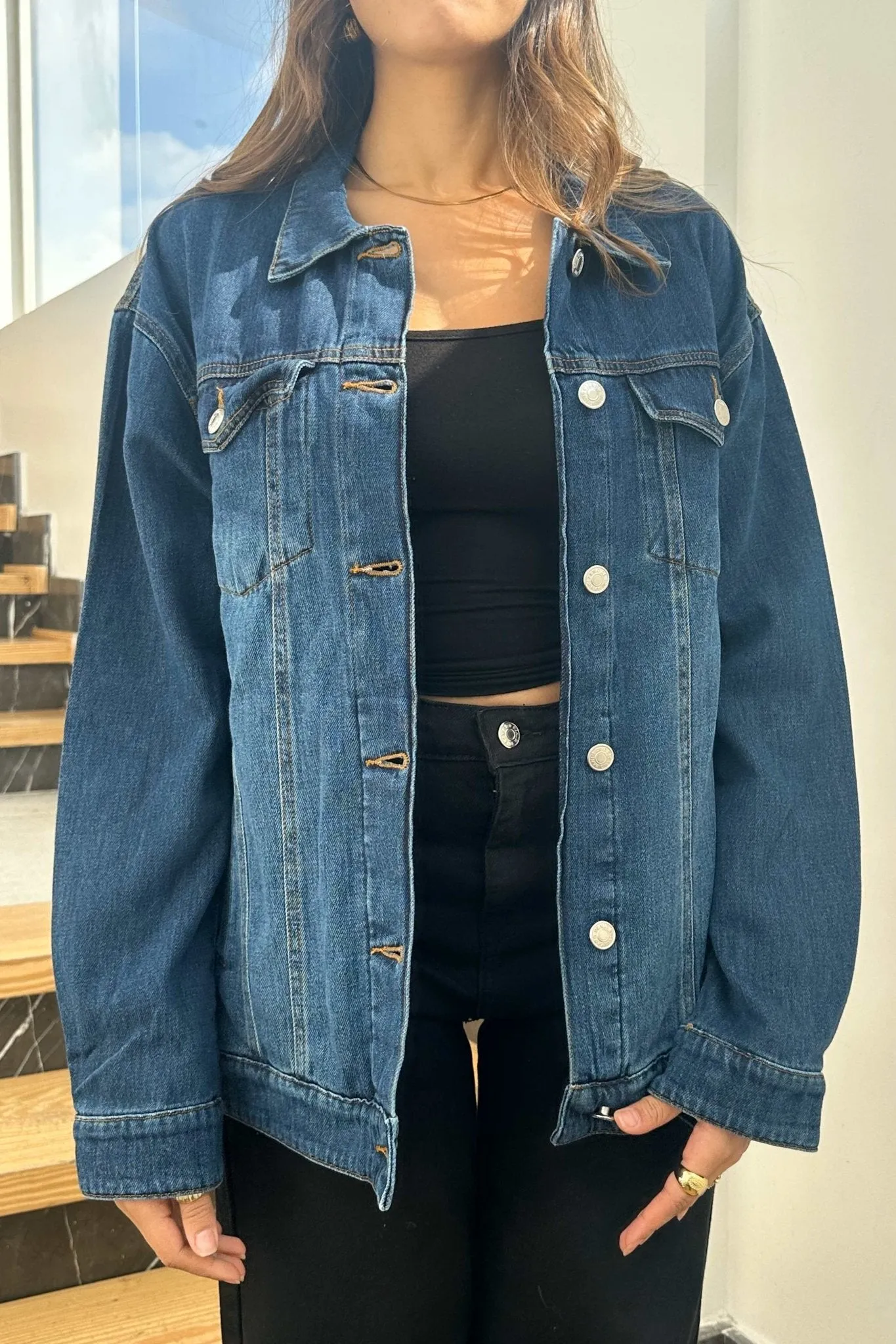 Oversized Denim Jacket - Dark Blue Wash Straight Fit.