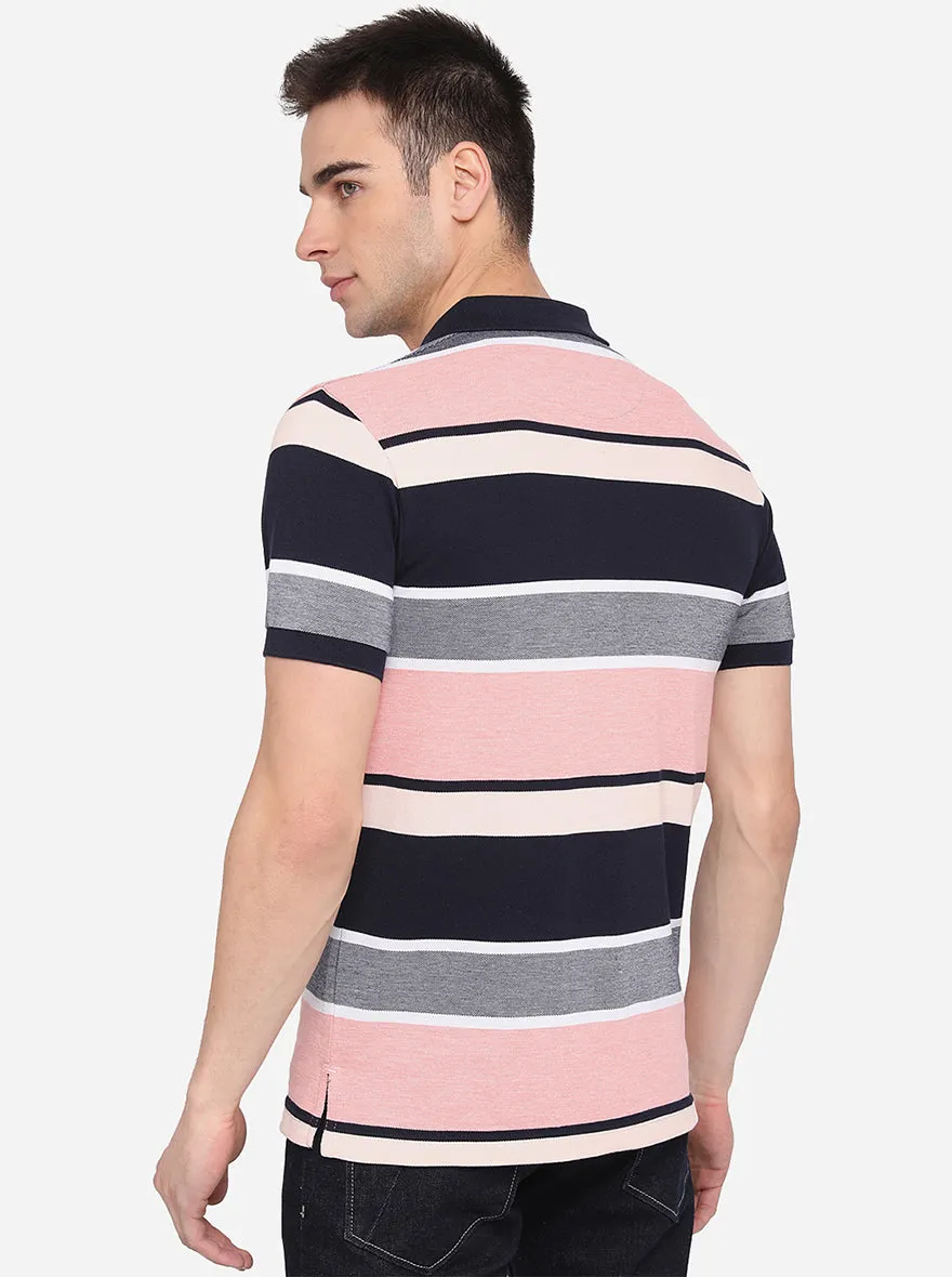 Peach & Black Striped Slim Fit Polo T-Shirt | Greenfibre