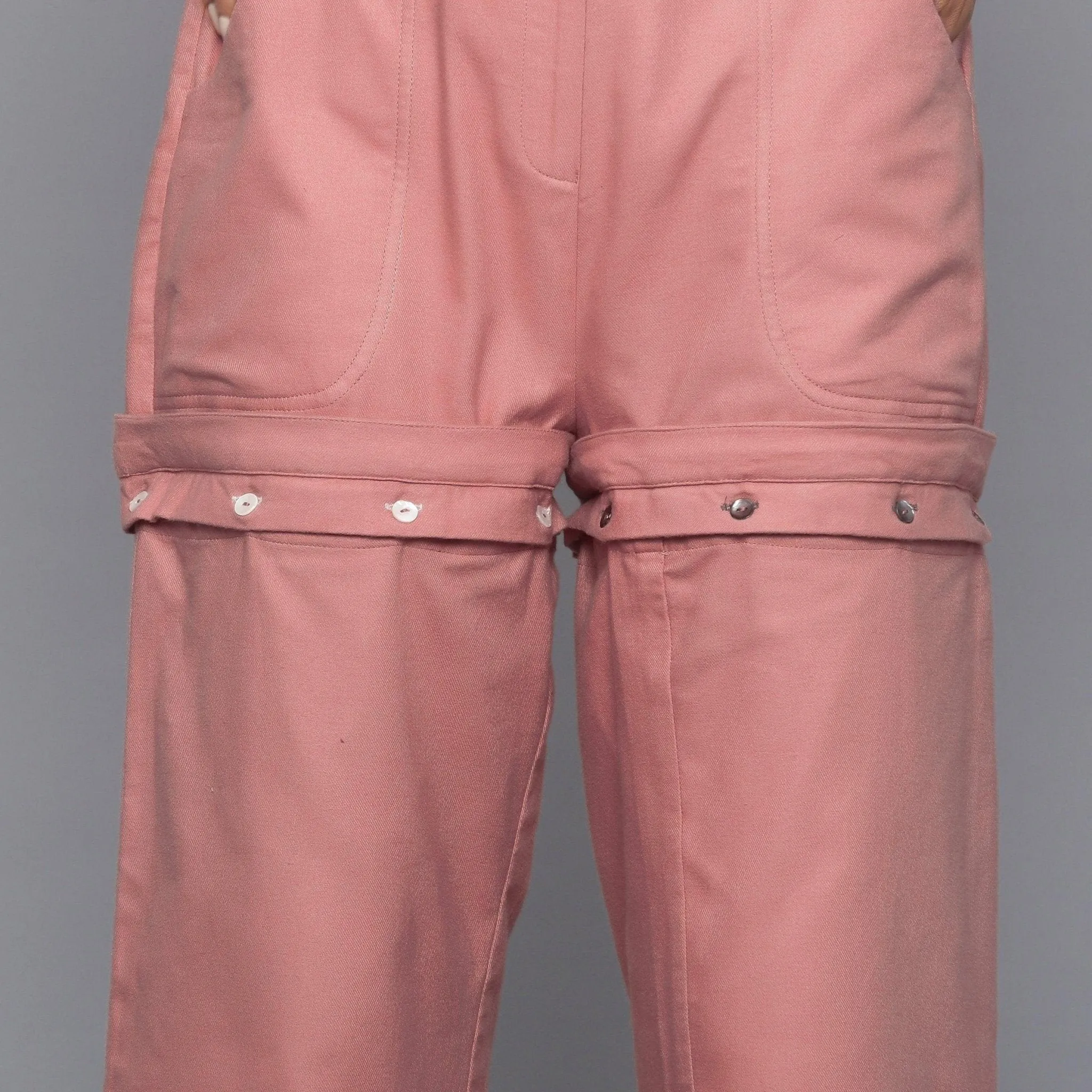 Pink Warm Cotton Flannel Convertible Ankle Length Pant Shorts