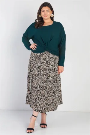 Plus Size Black Printed High Waist Midi Skirt