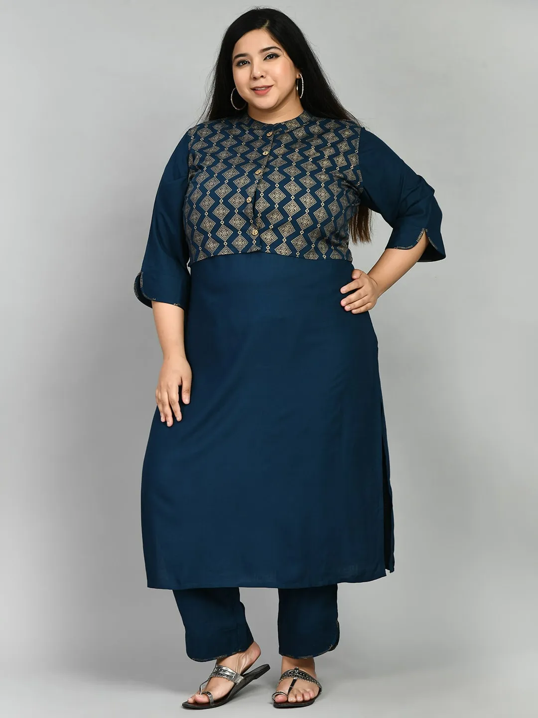 Plus Size Lustrous Gold & Teal Jacket Kurta Pant Set