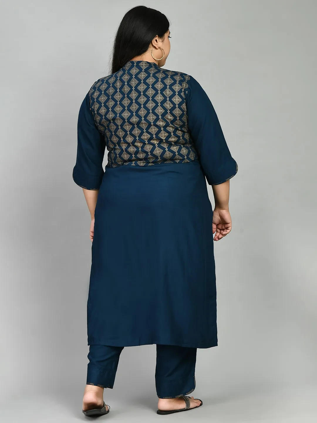 Plus Size Lustrous Gold & Teal Jacket Kurta Pant Set