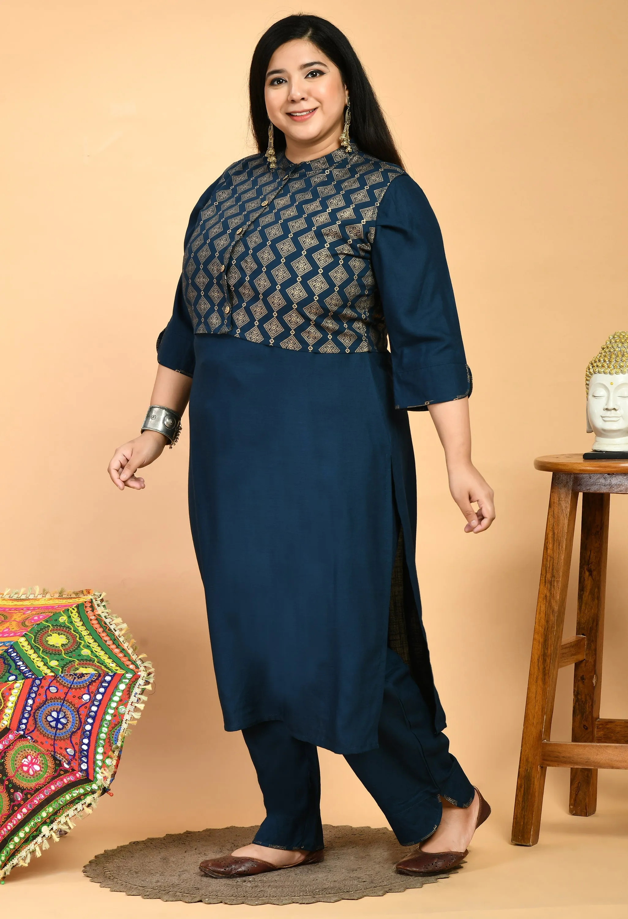 Plus Size Lustrous Gold & Teal Jacket Kurta Pant Set