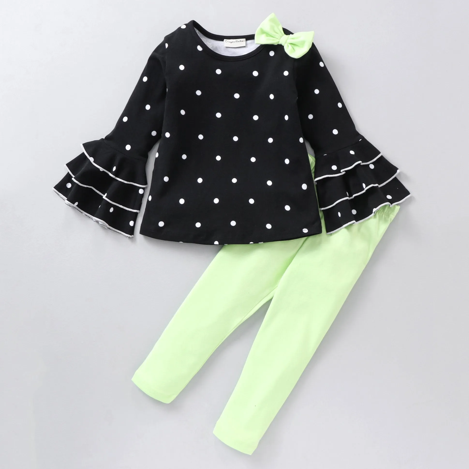 Polka Sleeves Frill Top Leggings Set