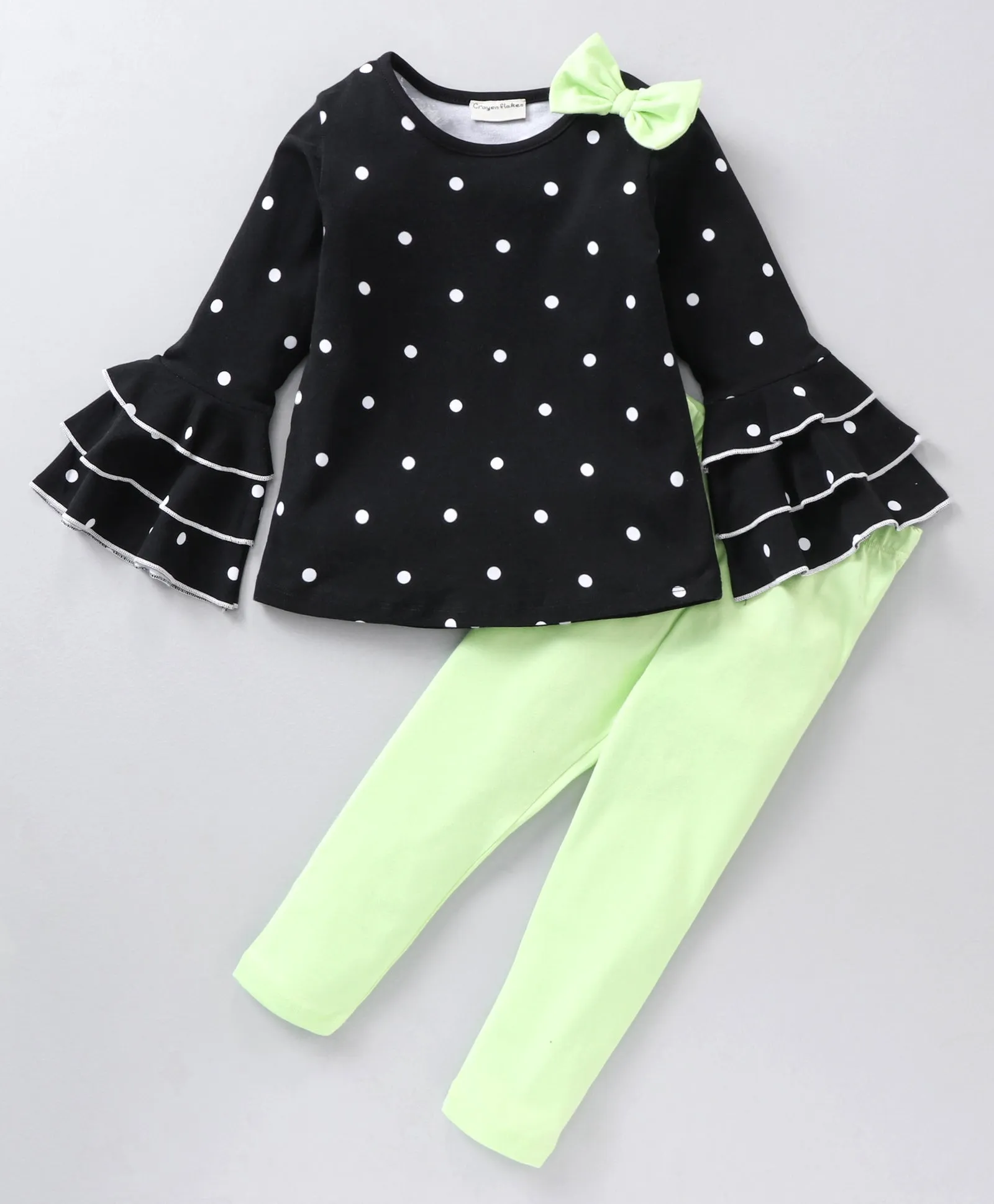 Polka Sleeves Frill Top Leggings Set