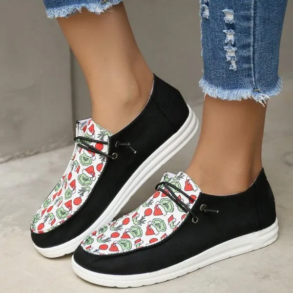 Purpdrank - Black Casual Patchwork Printing Round Comfortable Flats Shoes