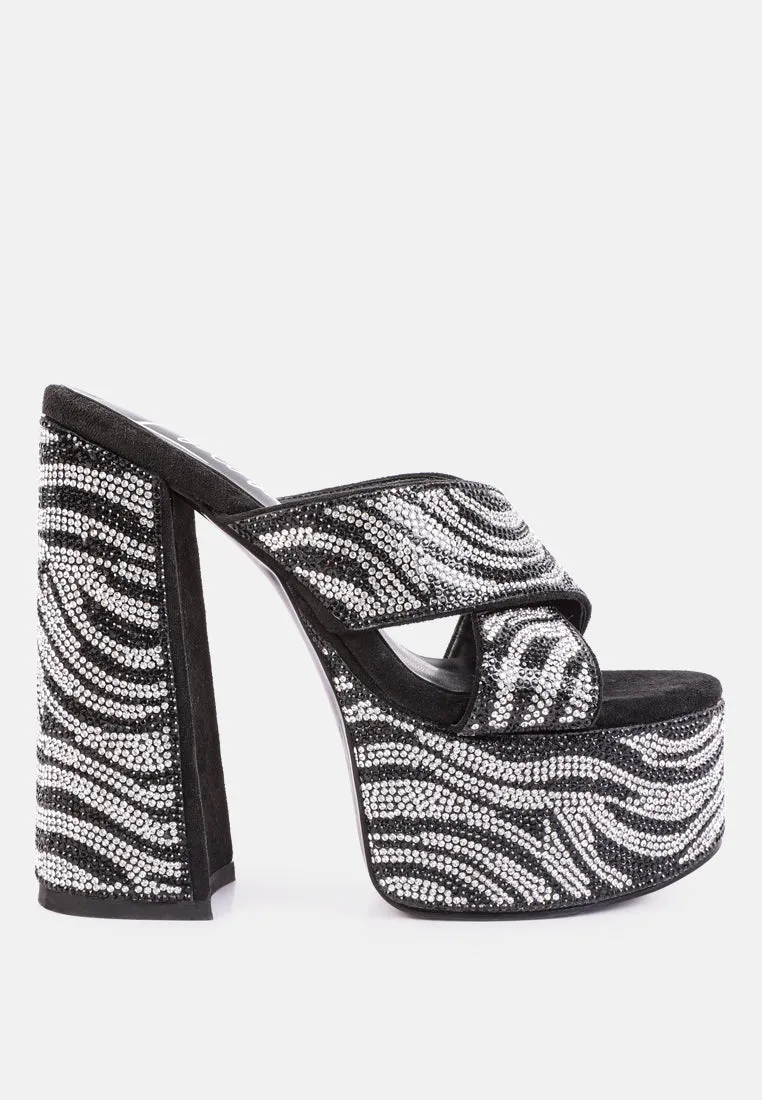 Sinful High Platform Patterned Diamante Slides