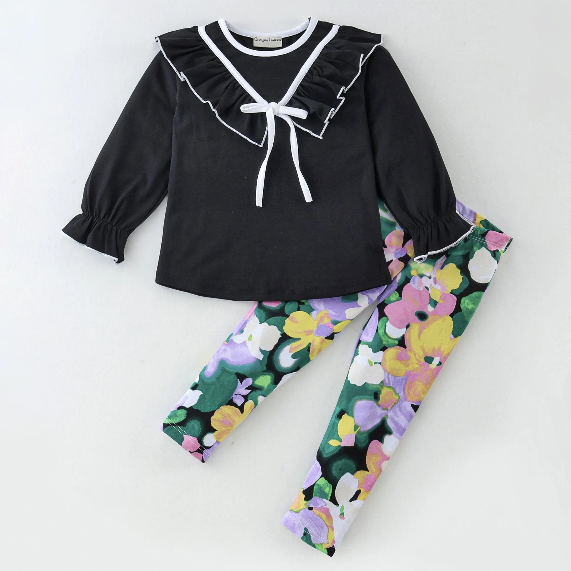 Solid V Frilled Top Floral Leggings Set