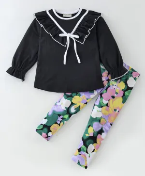 Solid V Frilled Top Floral Leggings Set