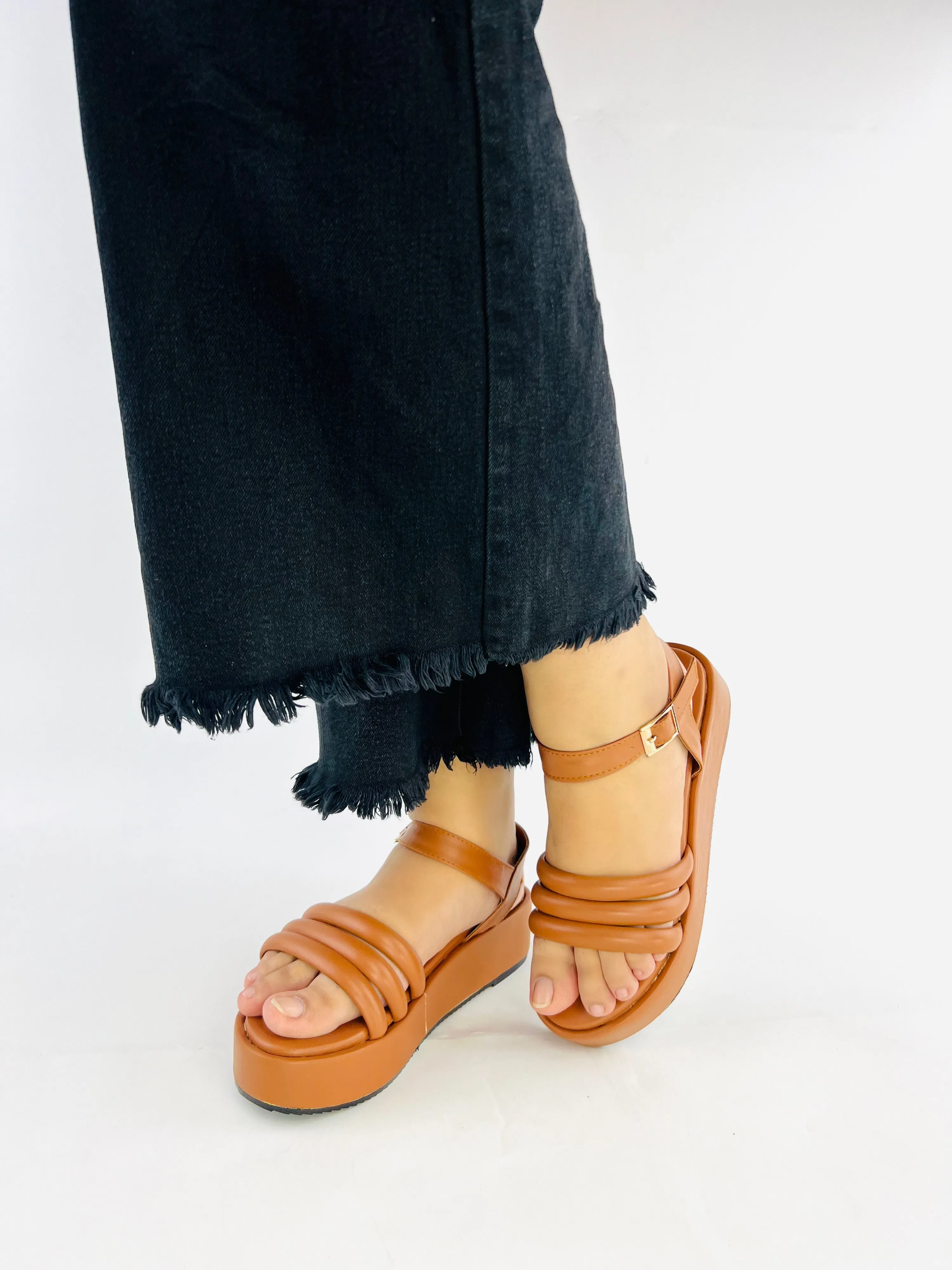 Spunkz Camel Brown Suede Wedge Ankle Strap Sandals