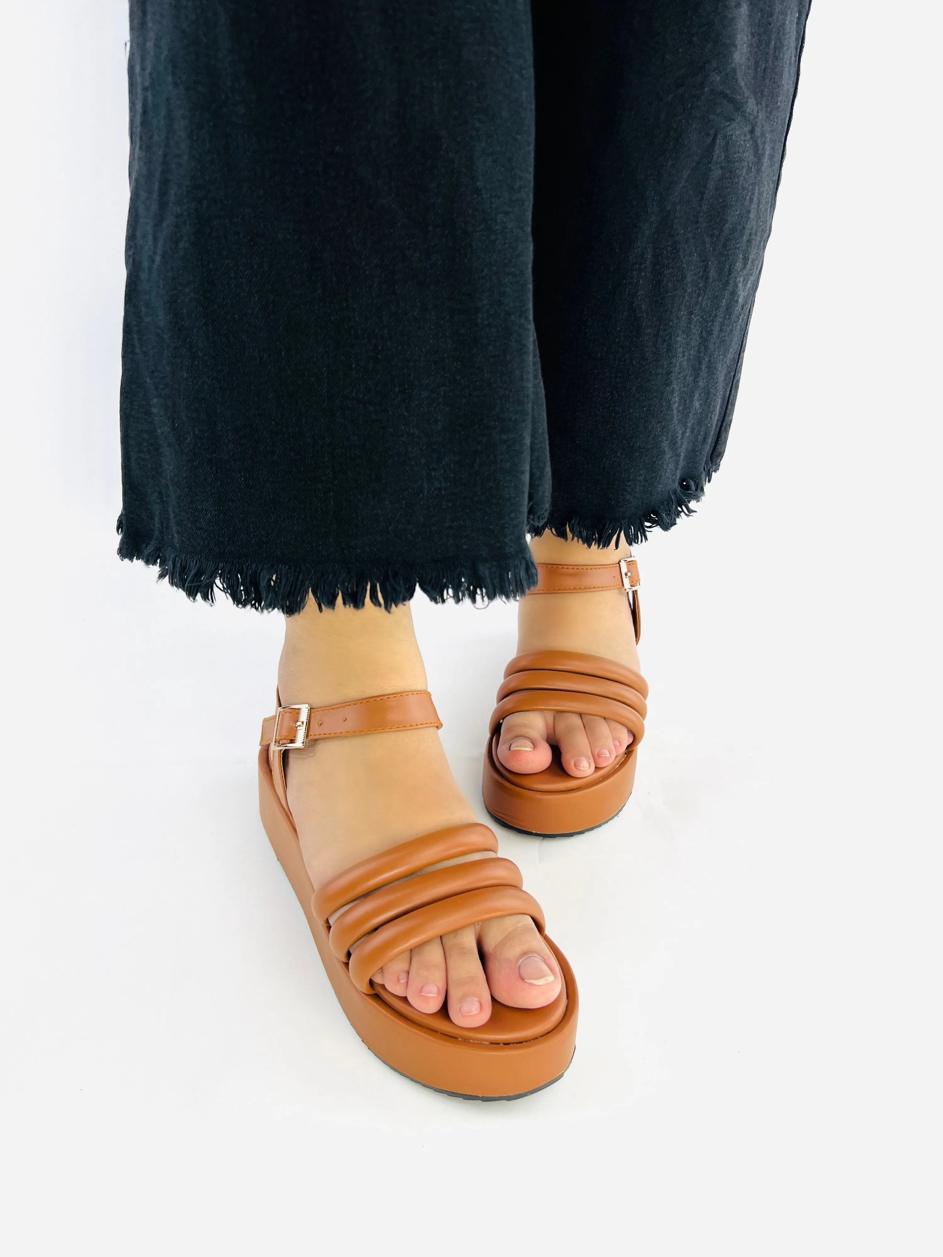 Spunkz Camel Brown Suede Wedge Ankle Strap Sandals