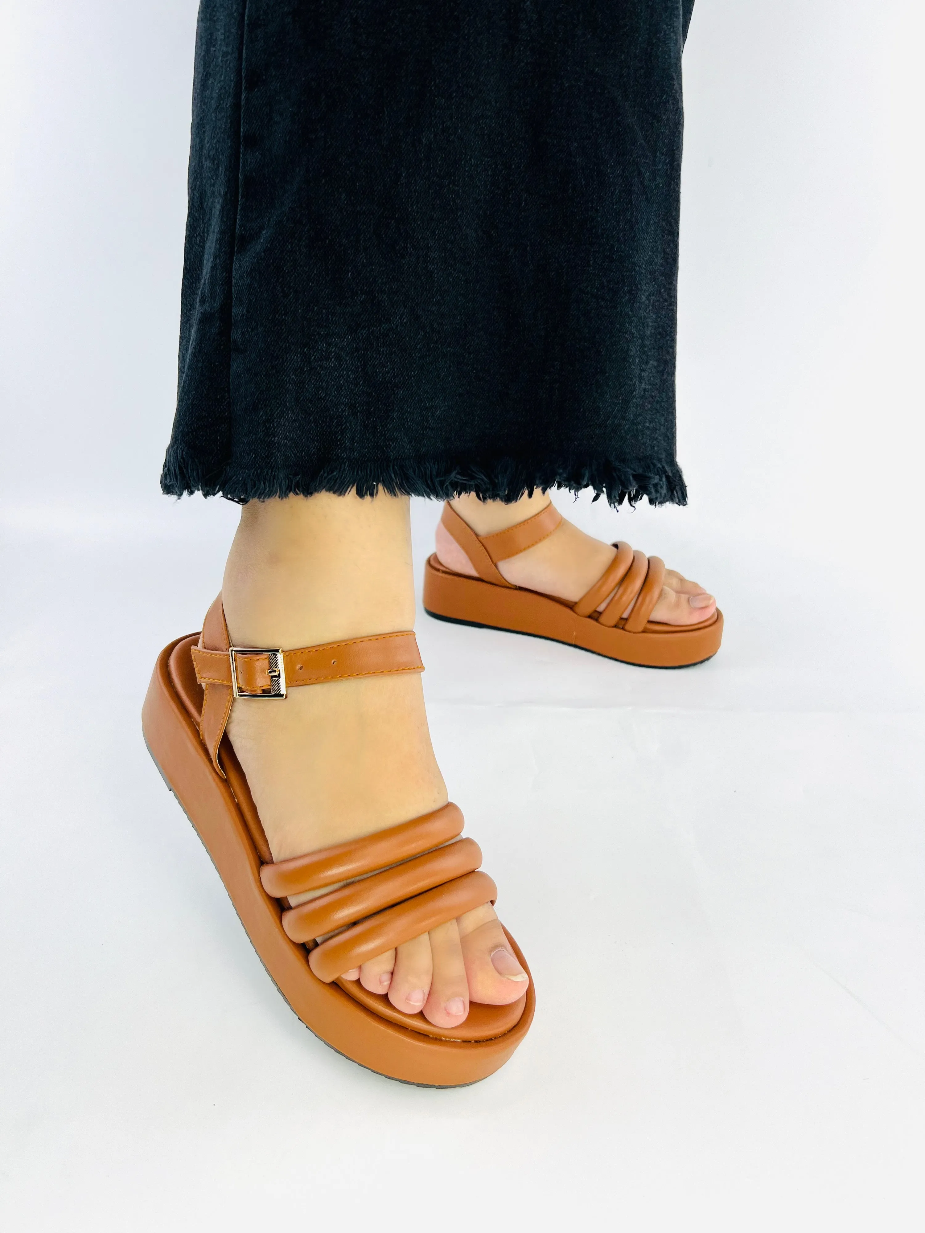 Spunkz Camel Brown Suede Wedge Ankle Strap Sandals