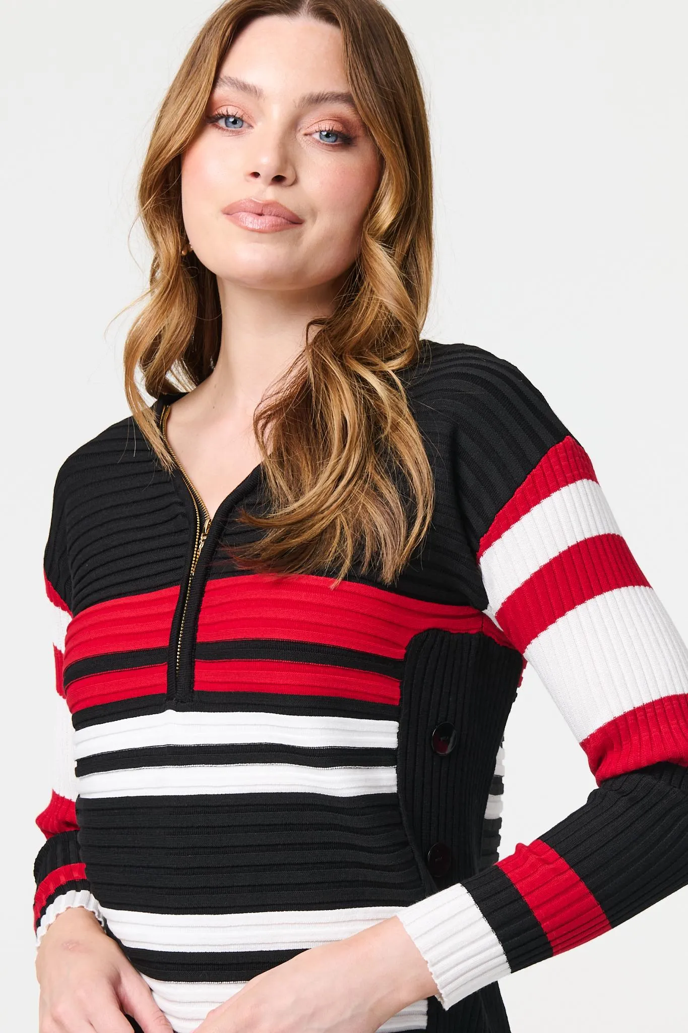 Striped Zip Front Knit Pullover