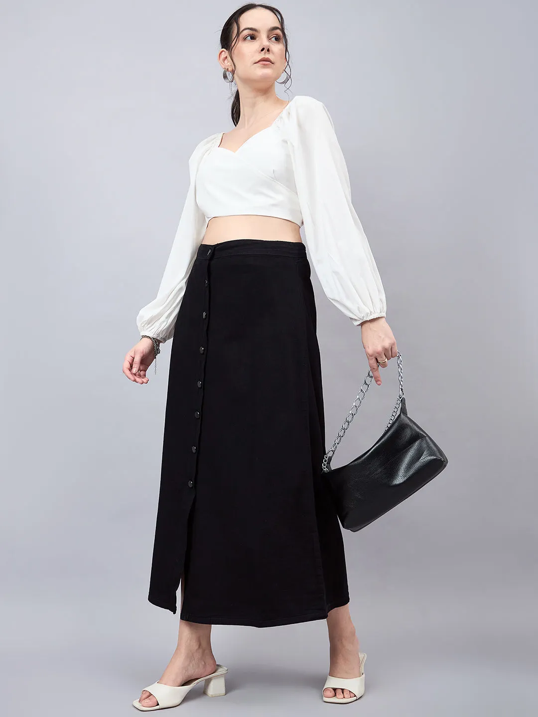 Style Quotient Women Black A-Line Maxi Denim Skirt