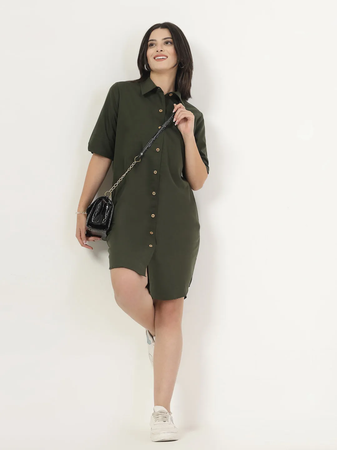 Style Quotient Women Poly Viscose shirt dress with front buttons and spread collar